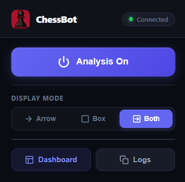 Chrome extension popup with quick toggles and connection status